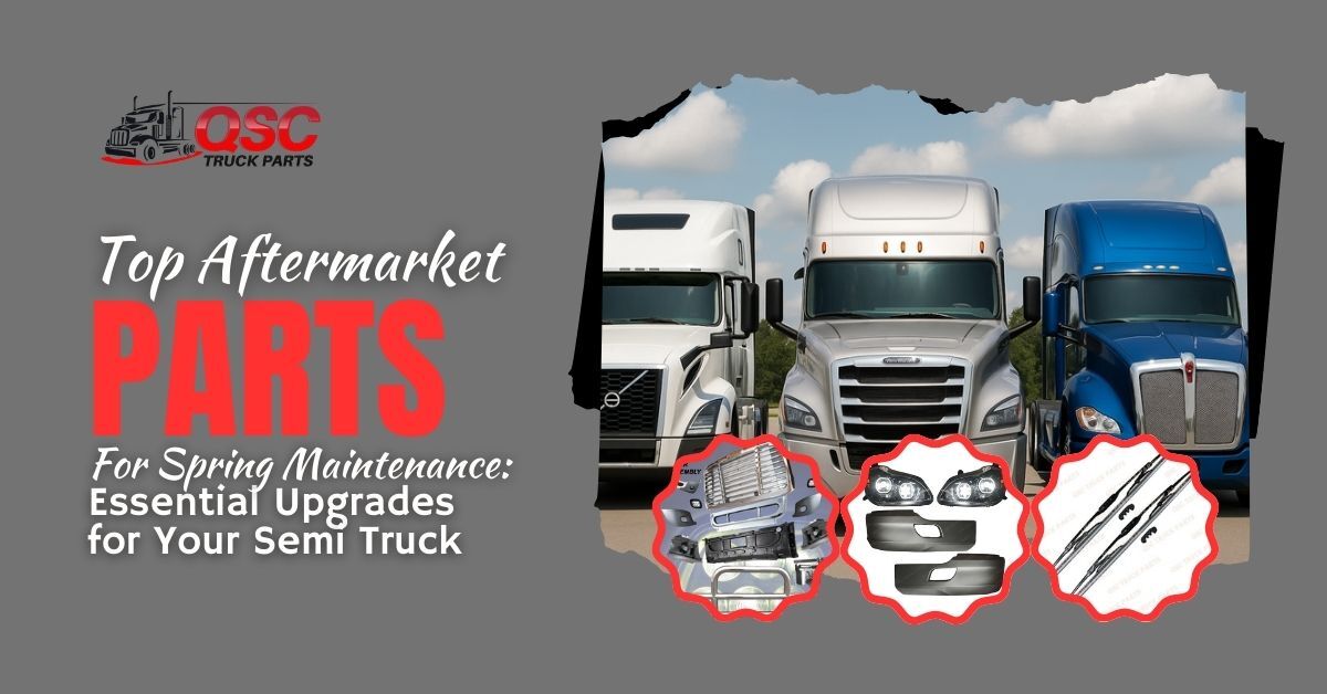 image of three trucks volvo, kenworth and freightliner; blog title: Top Aftermarket Parts for Spring Maintenance: Essential Upgrades for Your Semi Truck 